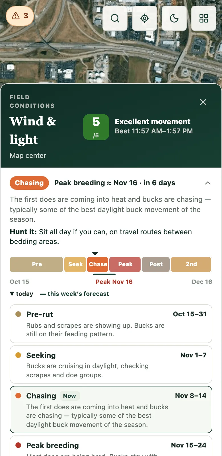 EzMap rut calendar showing the chasing phase, how to hunt it, and the Missouri rut season from pre-rut to the second rut